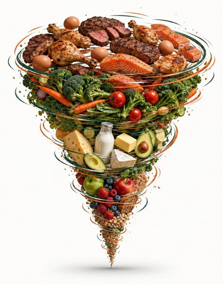 The food tornado: protein and vegetables widest at the top, then healthy fats and full-fat dairy, then whole fruits, with whole grains at the narrow tip
