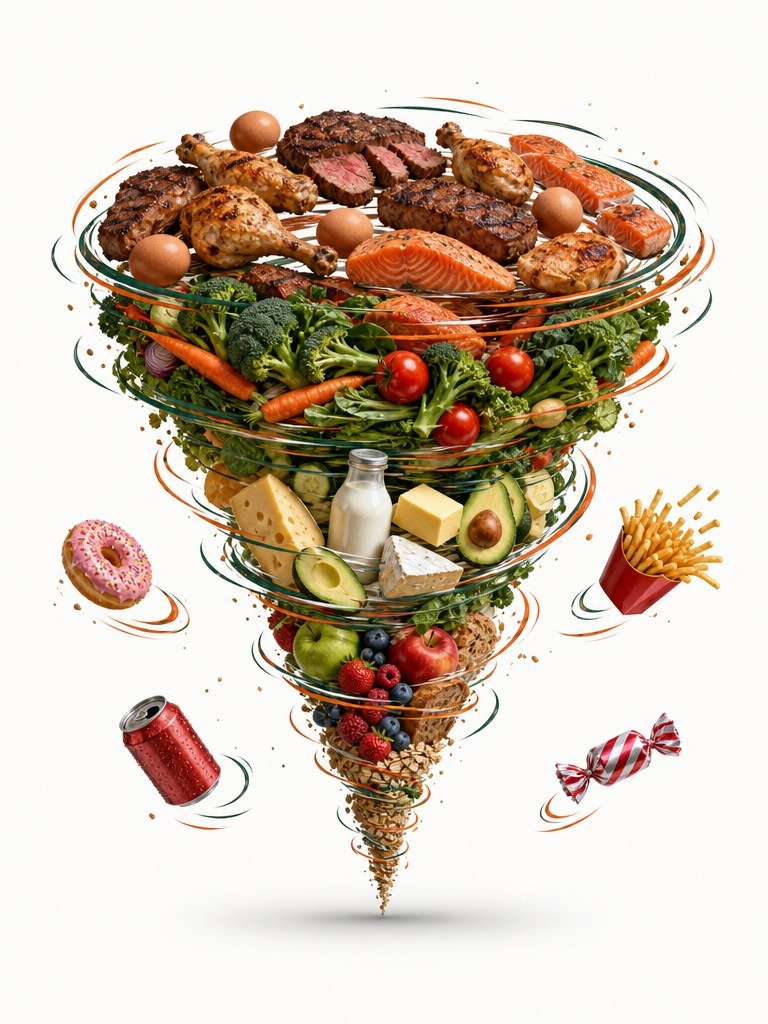 A tornado of real food: meat and protein widest at the top, then vegetables, then dairy and healthy fats, fruits and whole grains at the narrow tip &mdash; junk food flung out of the spin