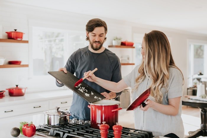A home kitchen mid-cook